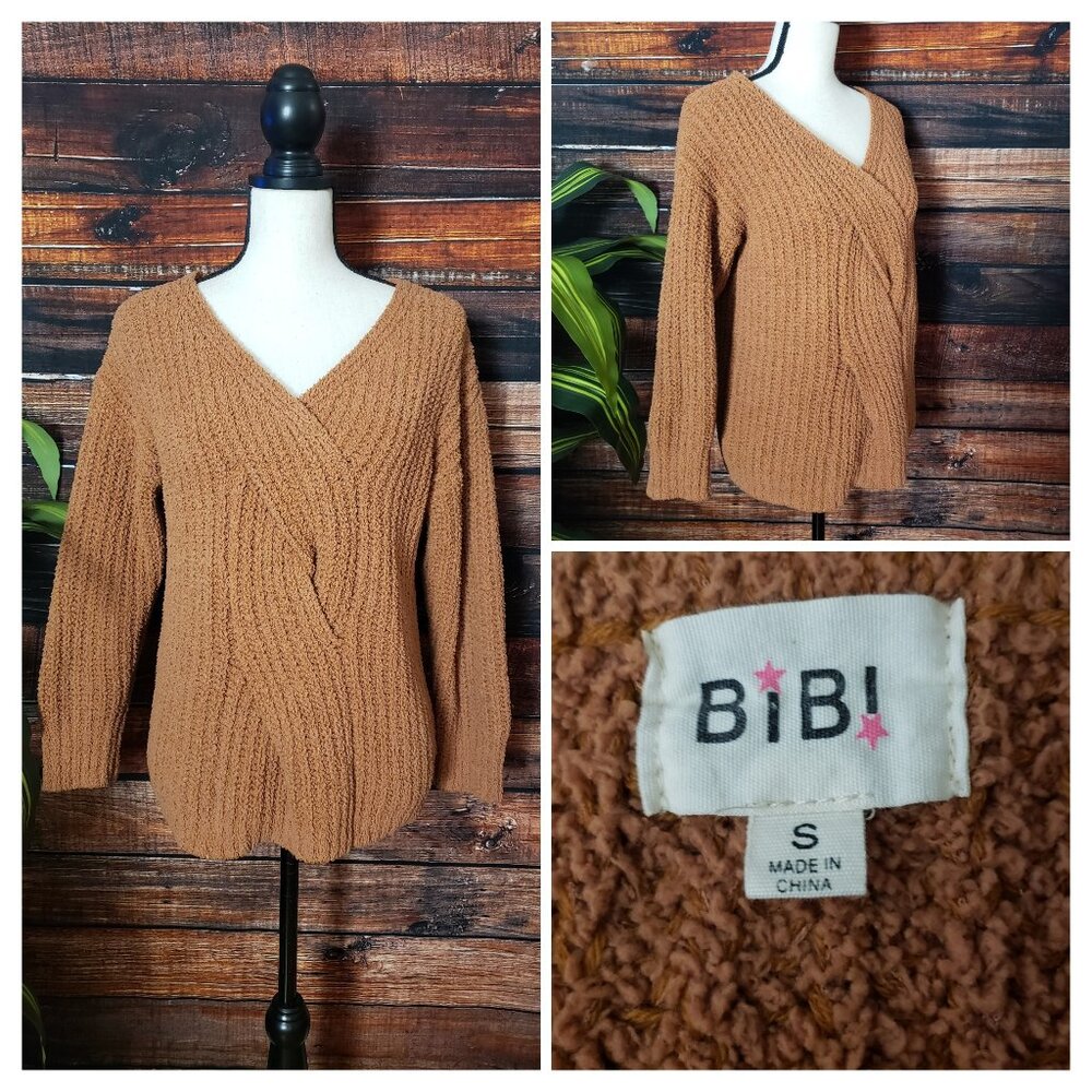 BiBi Sweater Bev S Sherpa Knit Soft Braided Front V-Neck Plush Warm Caramel